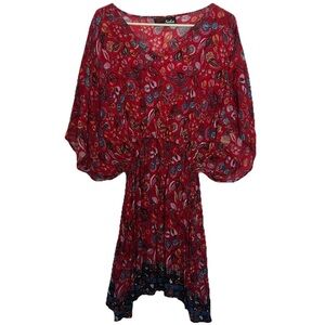 Nala Short Dress L Red Paisley Ruffle Kimono Bell Sleeves Boho Fairy